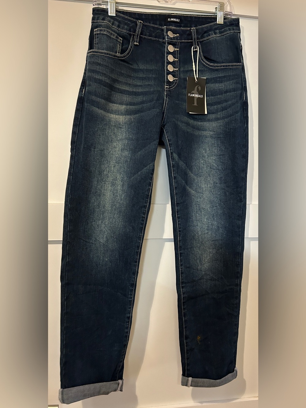 Flamingals button front cuffed leg jeans. NWT